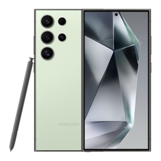 Samsung Galaxy S24 Ultra in Green Titanium, front and back view