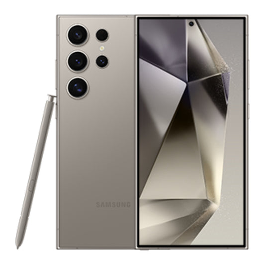 Samsung Galaxy S24 Ultra in Grey Titanium, front and back view
