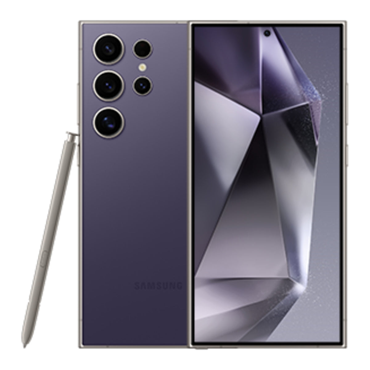 Samsung Galaxy S24 Ultra in Violet Titanium, front and back view