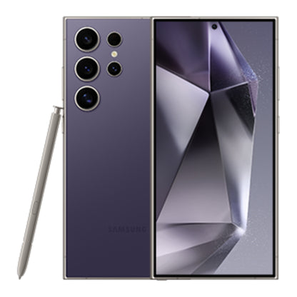 Samsung Galaxy S24 Ultra in Violet Titanium, front and back view