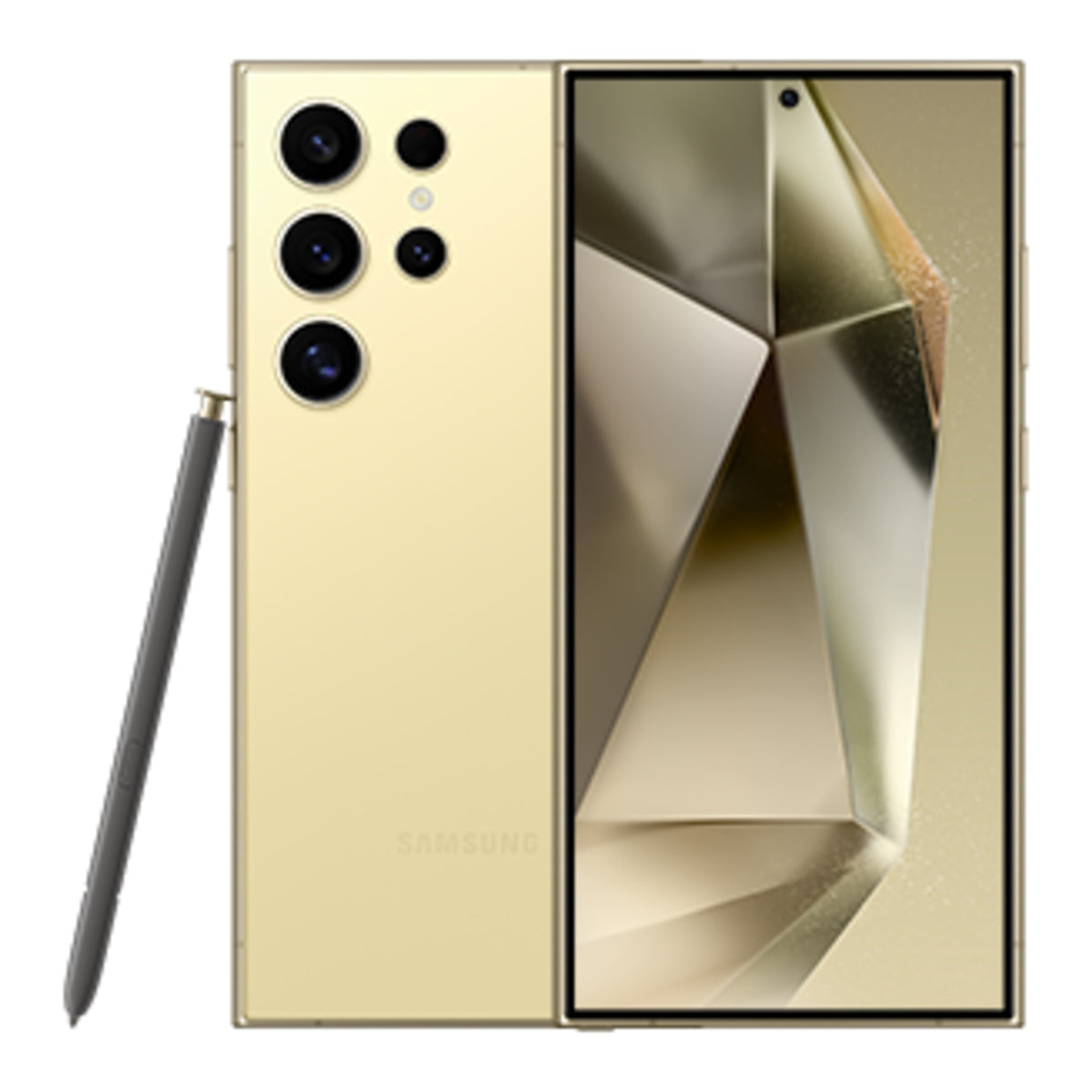 Samsung Galaxy S24 Ultra in Yellow Titanium, front and back view