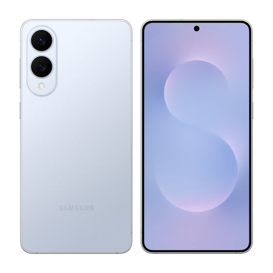 Samsung Galaxy S25 Edge in Titanium Icyblue, front and back view