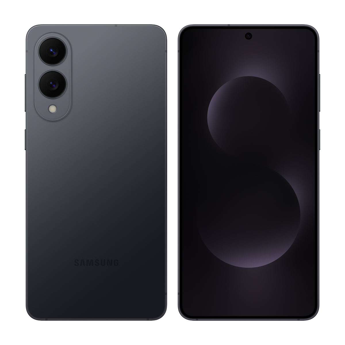 Samsung Galaxy S25 Edge in Titanium Jetblack, front and back view