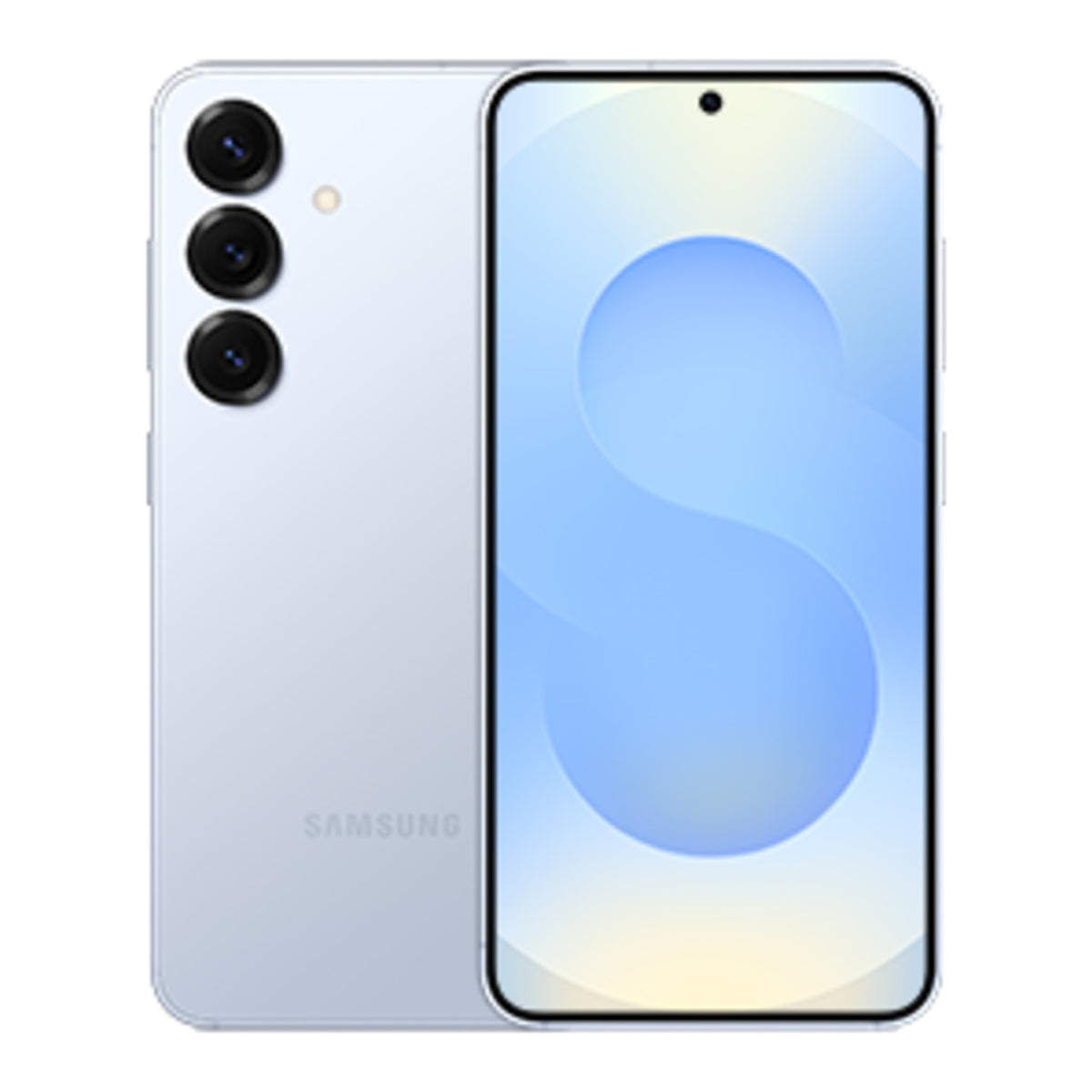Samsung Galaxy S25 in Ice Blue, front and back view