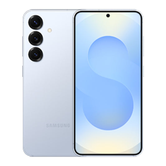 Samsung Galaxy S25 in Ice Blue, front and back view