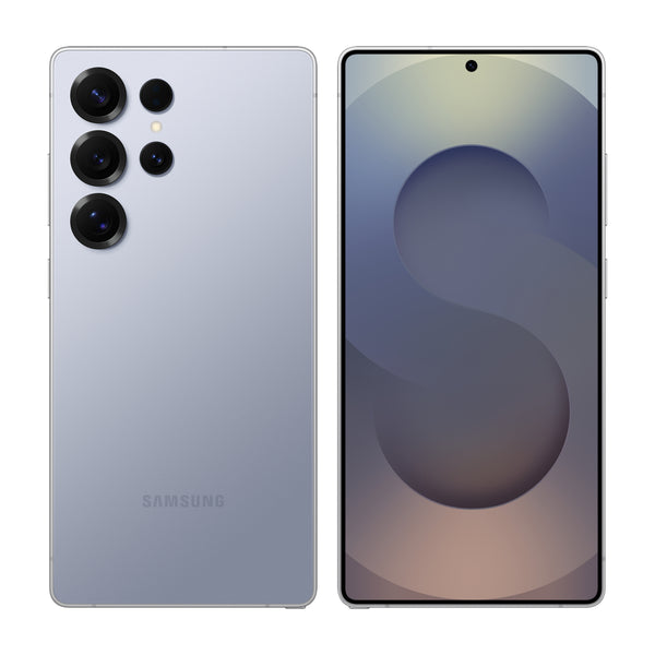 Samsung Galaxy S25 Ultra in Titanium Silverblue, front and back view