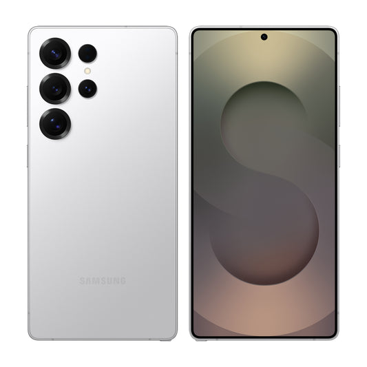 Samsung Galaxy S25 Ultra in Titanium Whitesilver, front and back view