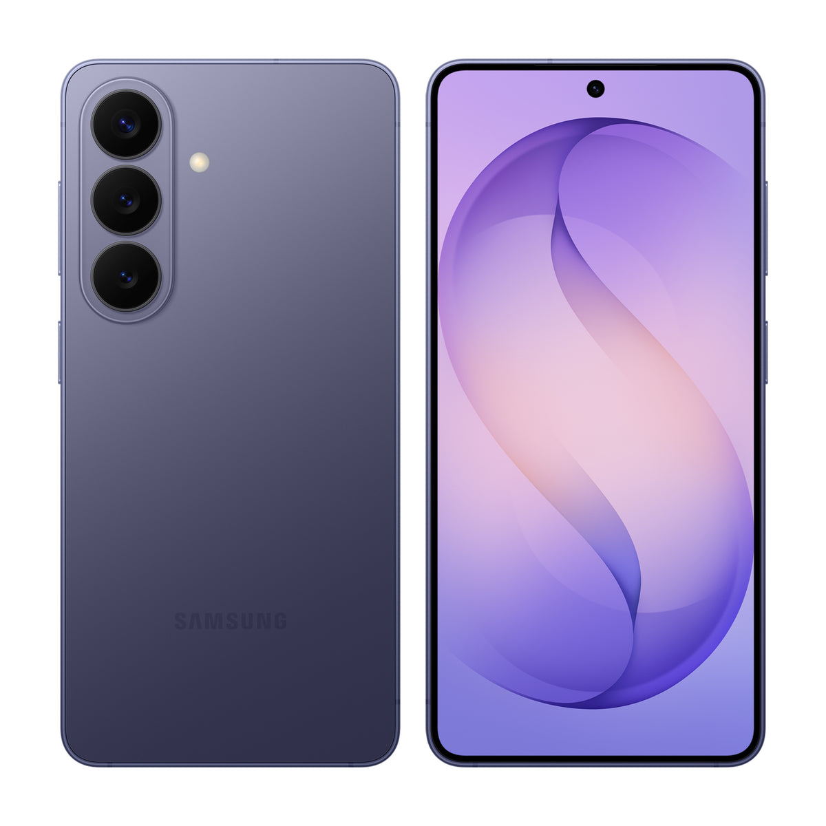 Samsung Galaxy S26 in Cobalt Violet, front and back view