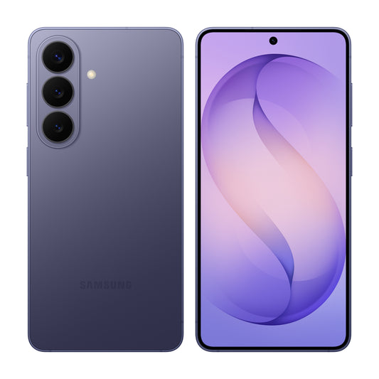 Samsung Galaxy S26 in Cobalt Violet, front and back view