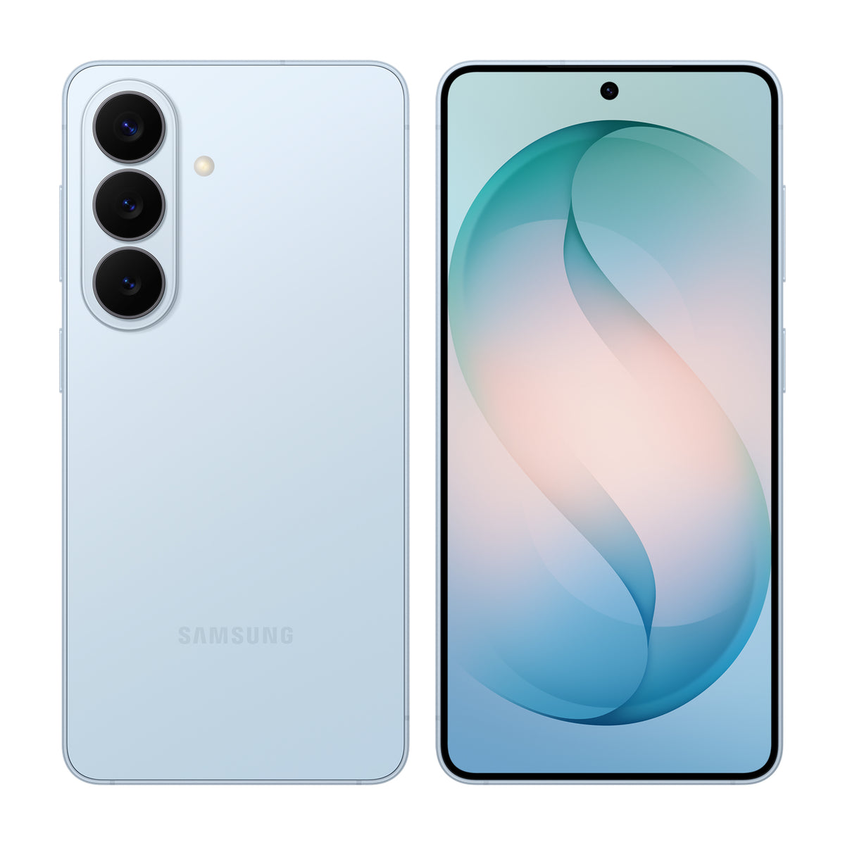 Samsung Galaxy S26 in Sky Blue, front and back view
