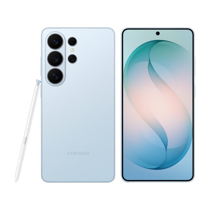 Samsung Galaxy S26 Ultra in Sky Blue, front and back view
