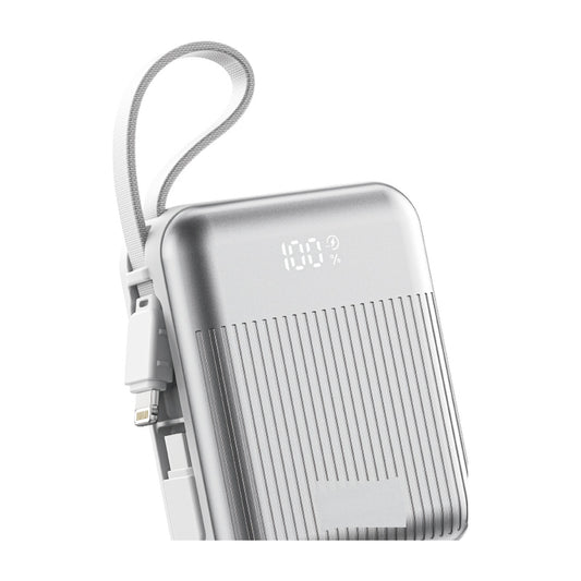 10000mAh silver power bank with built-in USB-C and Lightning cables and digital display